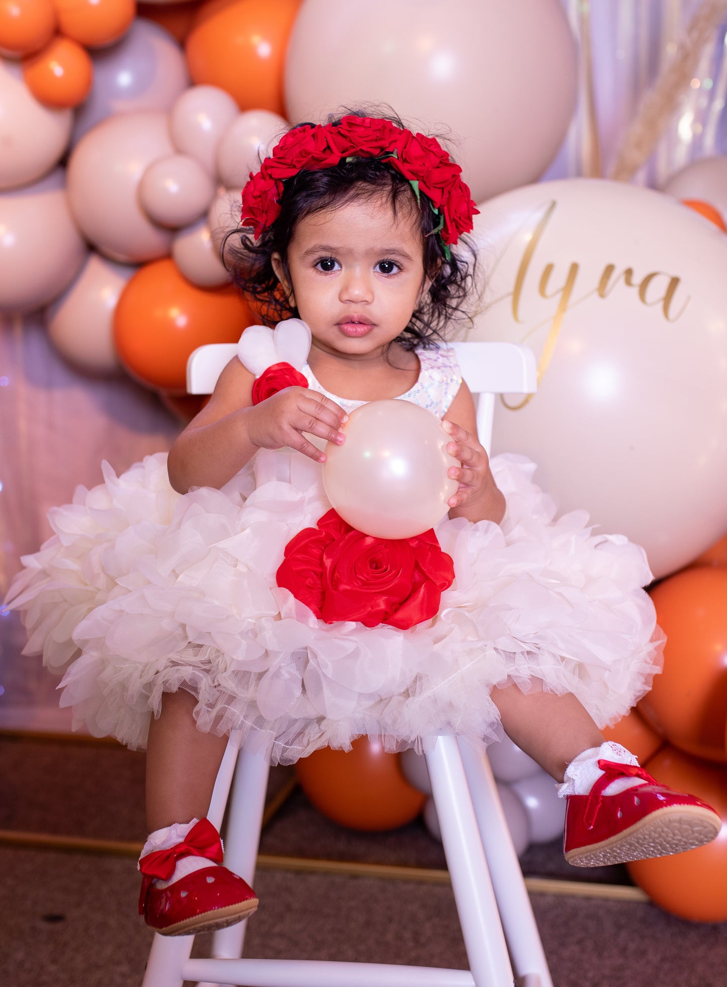 White Sleeveless Fit & Flare Dress for Girls with Bold 3D Rose Flower Accent Dress
