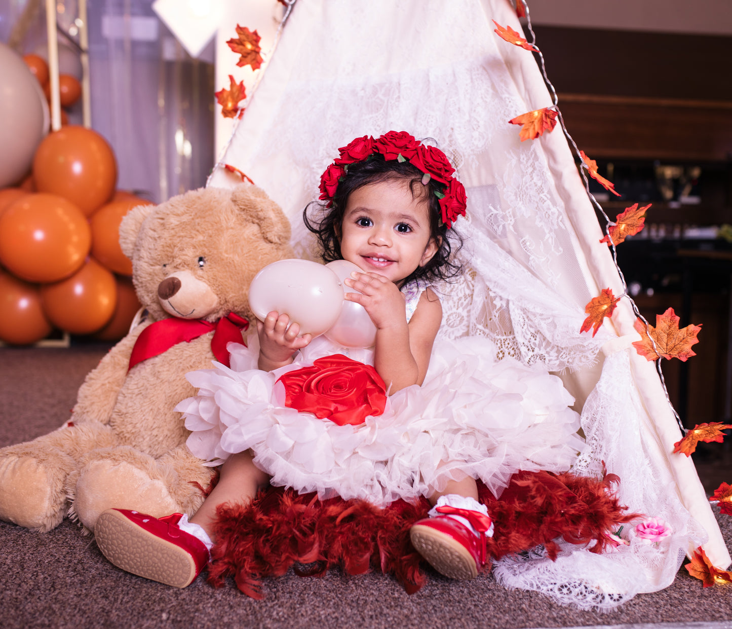 White Sleeveless Fit & Flare Dress for Girls with Bold 3D Rose Flower Accent Dress