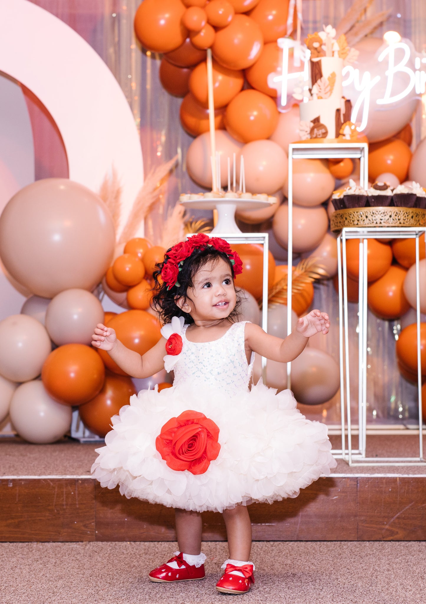 White Sleeveless Fit & Flare Dress for Girls with Bold 3D Rose Flower Accent Dress