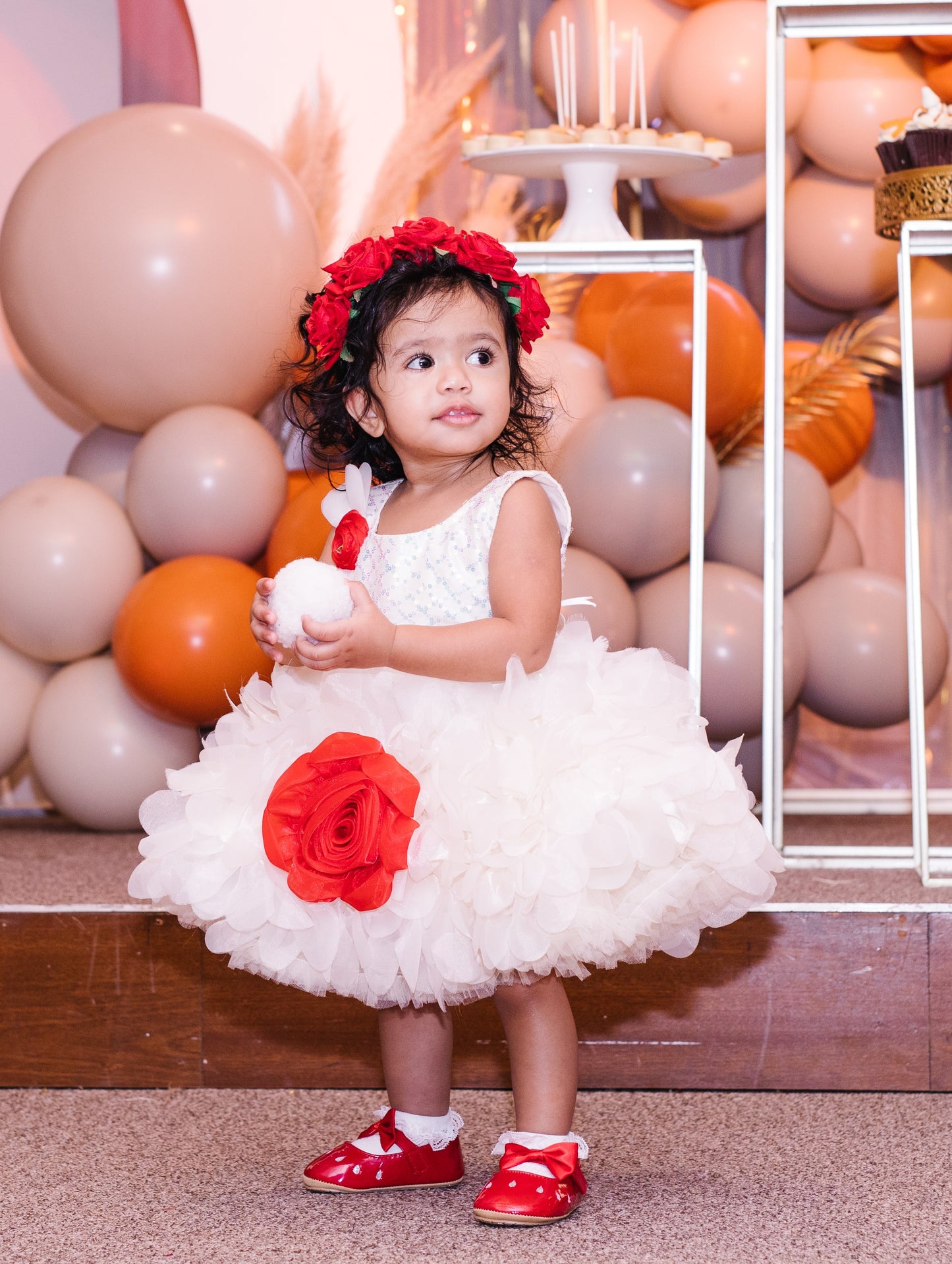 White Sleeveless Fit & Flare Dress for Girls with Bold 3D Rose Flower Accent Dress