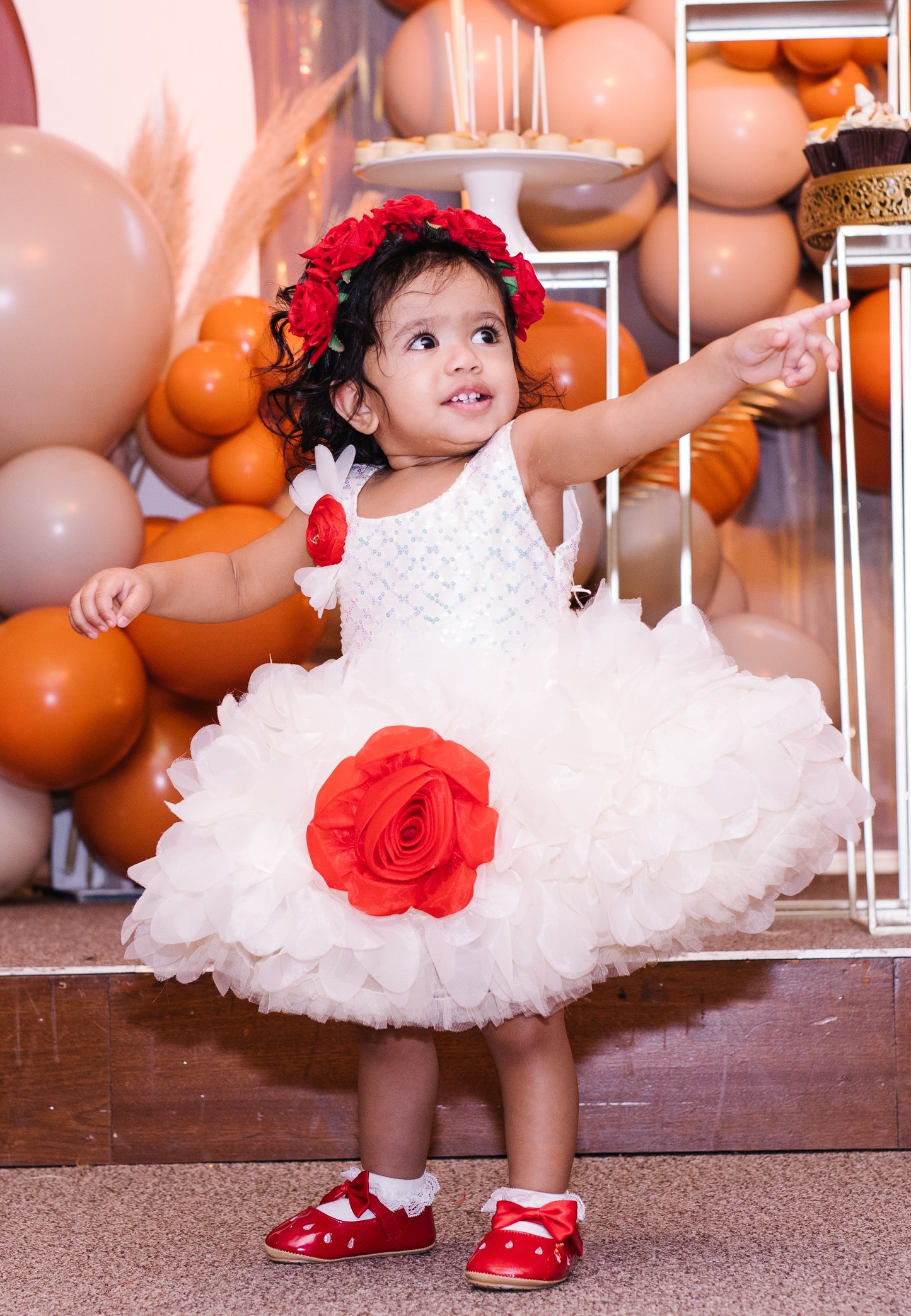 White Sleeveless Fit & Flare Dress for Girls with Bold 3D Rose Flower Accent Dress