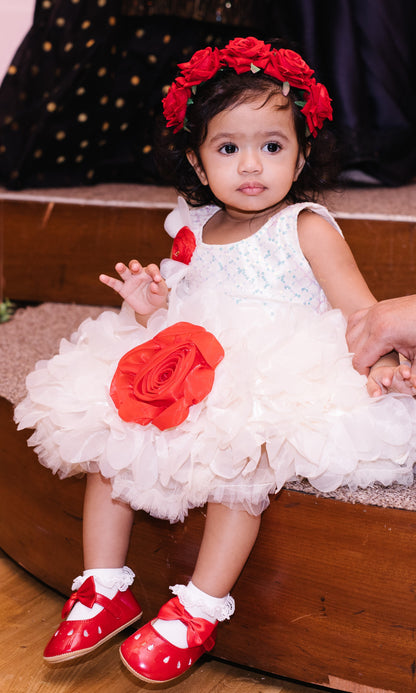 White Sleeveless Fit & Flare Dress for Girls with Bold 3D Rose Flower Accent Dress