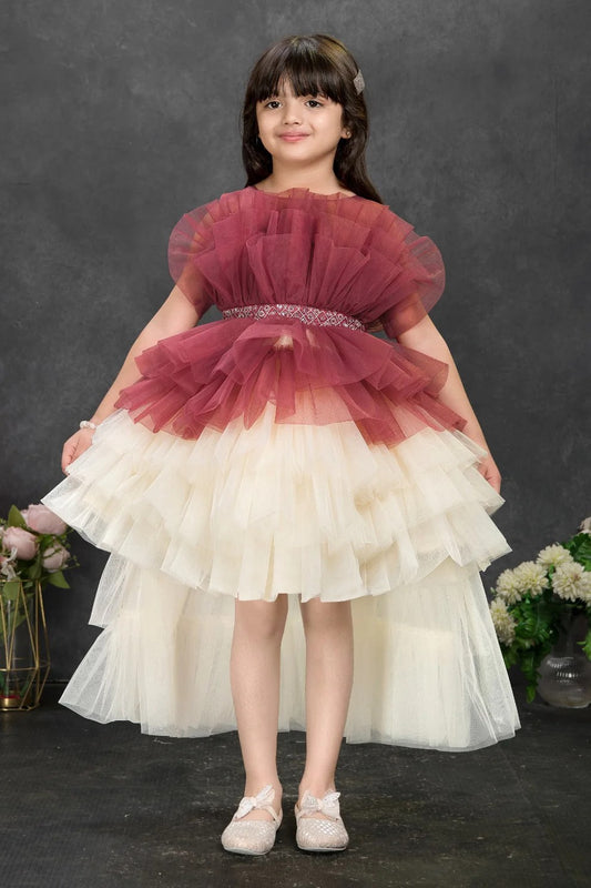 Burgundy & Ivory High-Low Tulle Party Dress