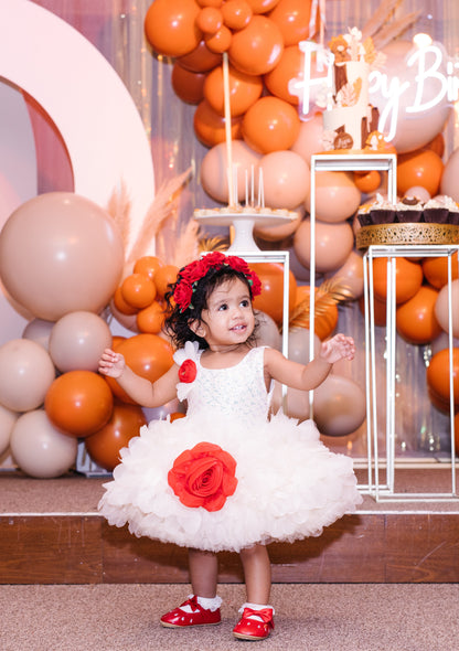 White Sleeveless Fit & Flare Dress for Girls with Bold 3D Rose Flower Accent Dress